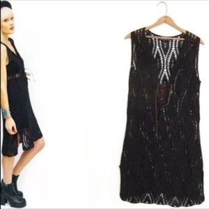 Black Crochet Pointelle Knit Lace Up Bohemian Dress, Swim Cover Up, Size Medium